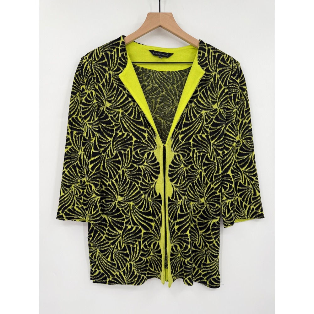 Ming Wang Jacket Womens Medium Lime Green Black Abstract Pattern Knit 3/4 Sleeve